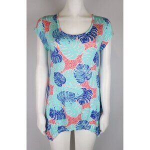 WOME'S LEAF PRINT SHORT SLEEVE TUNIC TOP - CASEY KEY - SIZE PM - STRETCH